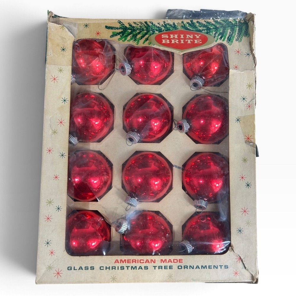 Vintage Shiny Brite Red Glass Christmas Ornaments Set of 12 Mid Century USA Box